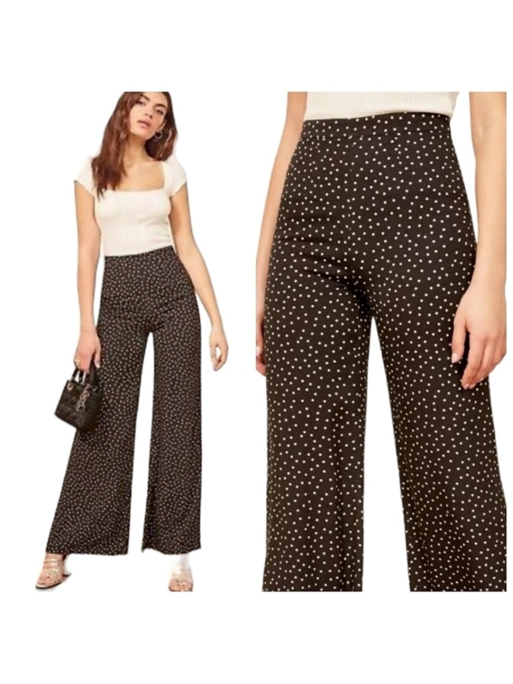 Reformation Polka Dot Wide Leg Pants Black High Rise Cropped Trouser Size 0